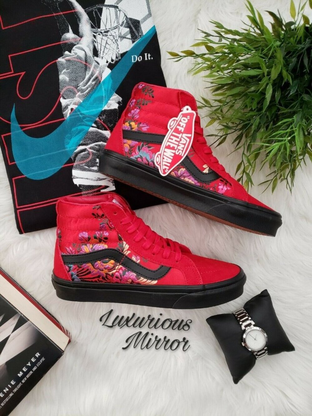Vans Sk8-Hi Men 6 Red Rare Floral Embroidered Festival Satin Skate Shoes